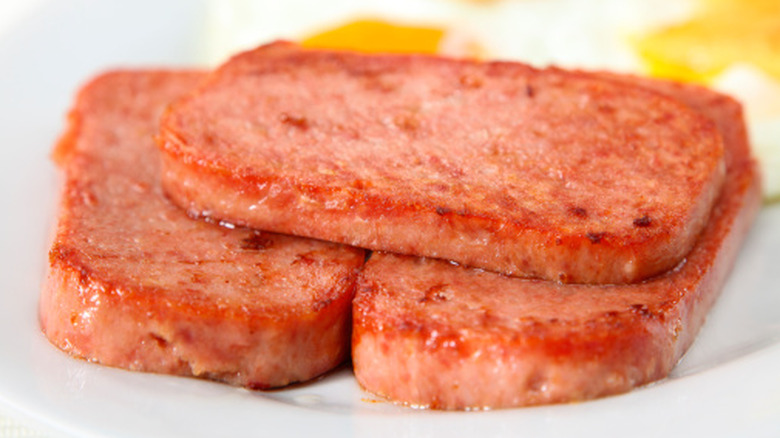 Close-up of fried Spam