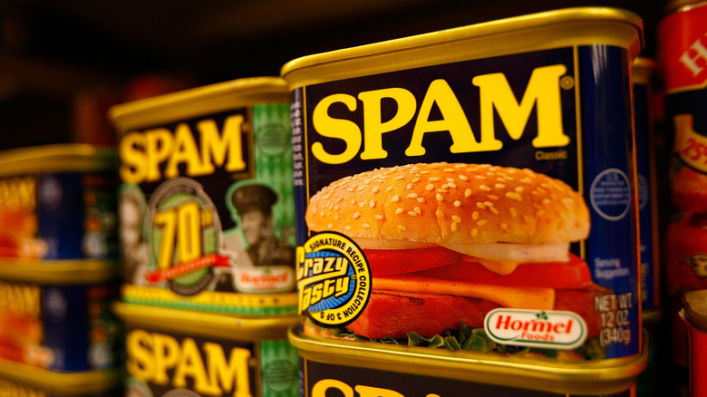 Grocery store display of Spam cans