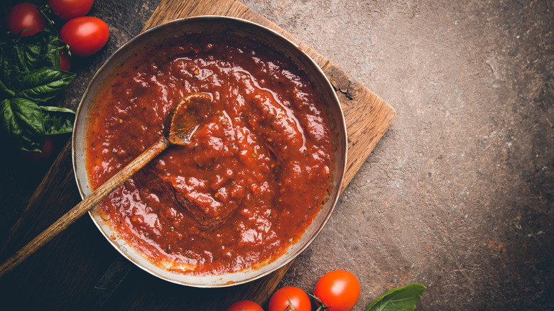 Top down view of tomato sauce in pan