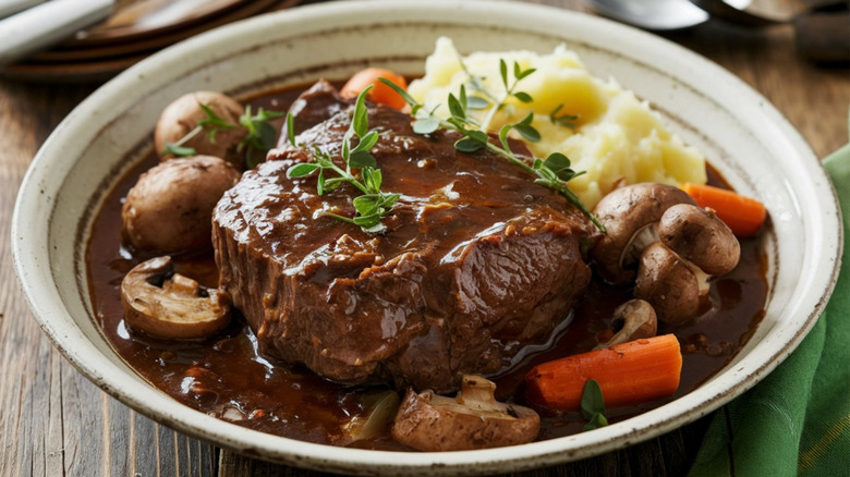 Beef bourguignon and mashed potatoes on a rustic plate