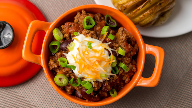beef chili in a dutch oven