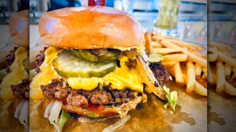 Buffalo Wild Wings smash burger with two patties, cheese, and onions