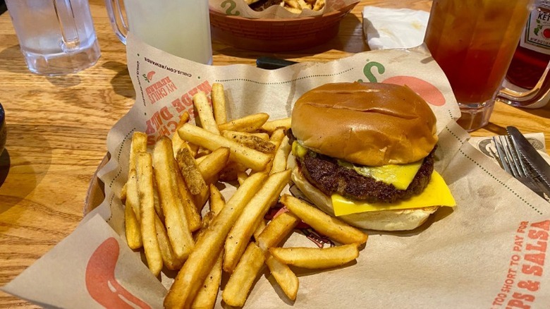 Cheeseburger with French fries at a Chili's restaurant