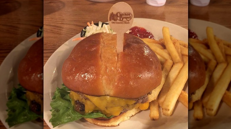 Cracker Barrel cheeseburger with French fries and cole slaw