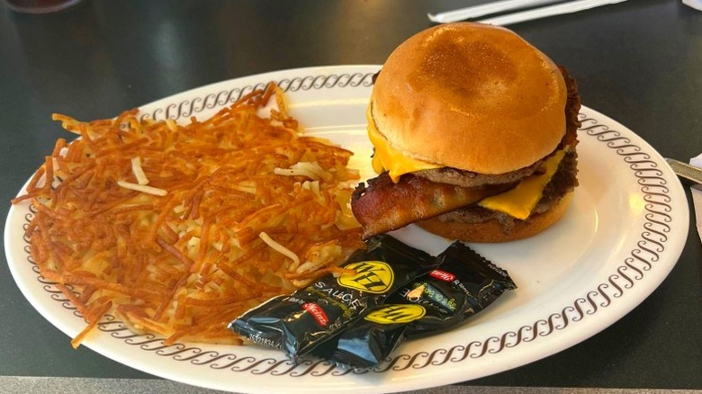 Waffle House cheeseburger with bacon and hashbrowns