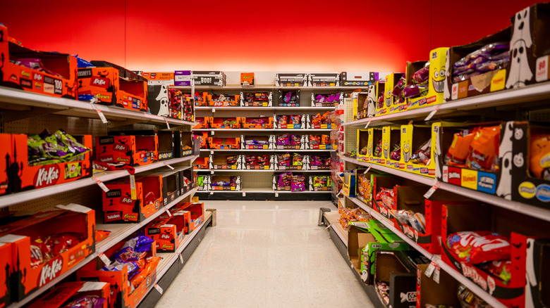 store aisle filled with Halloween candy
