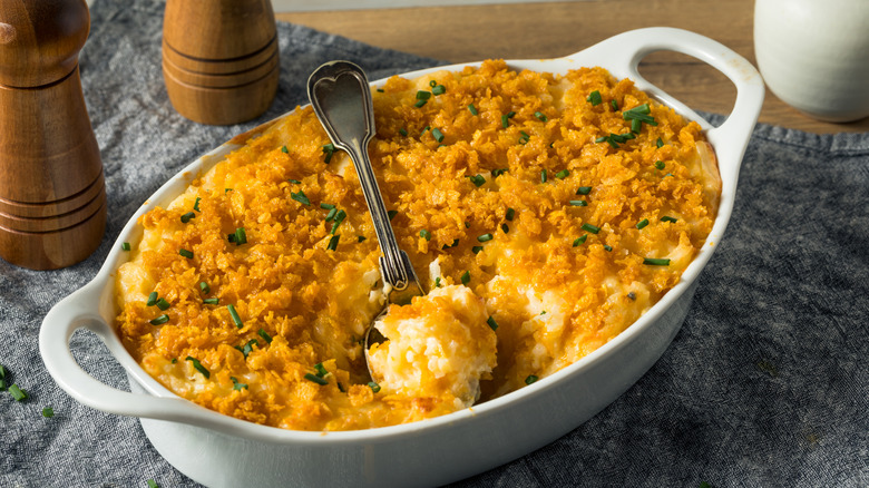 Dish of cheesy funeral potatoes