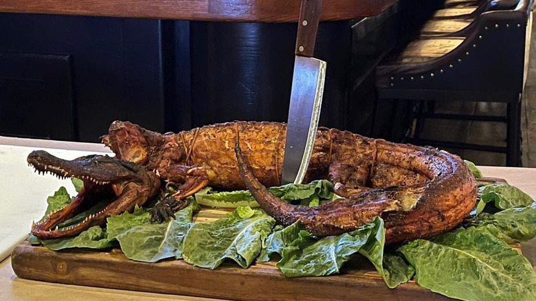 Whole alligator on bed of lettuce
