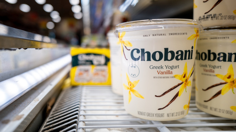 The grocery store display of Chobani yogurt