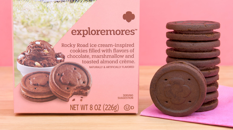 Girl Scout cookies Exploremores in a stack.