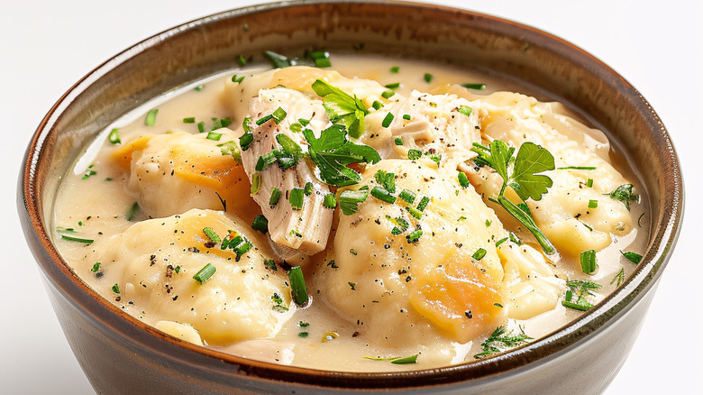 bowl of chicken and dumplings