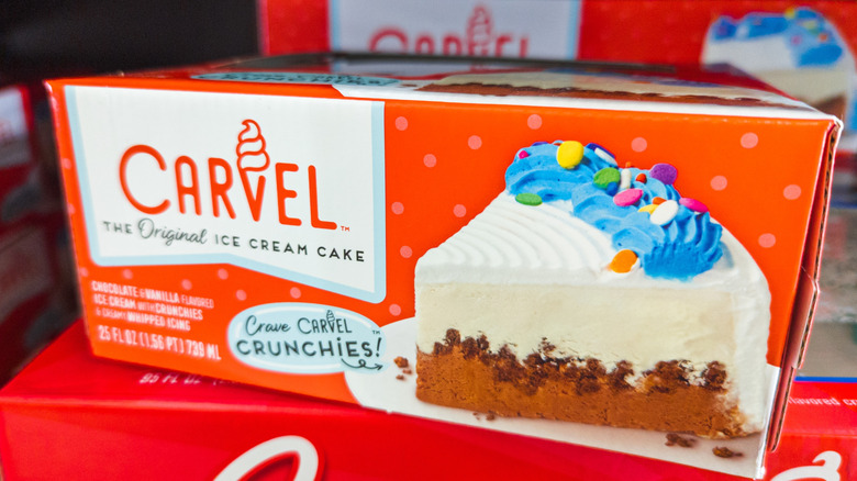 Stacked boxes of Carvel ice cream cake
