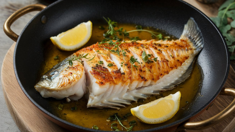 sole meunière in a pan, garnished with herbs and lemon wedges