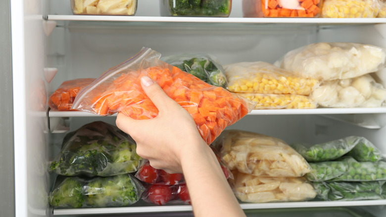bags of frozen food bag in freezer
