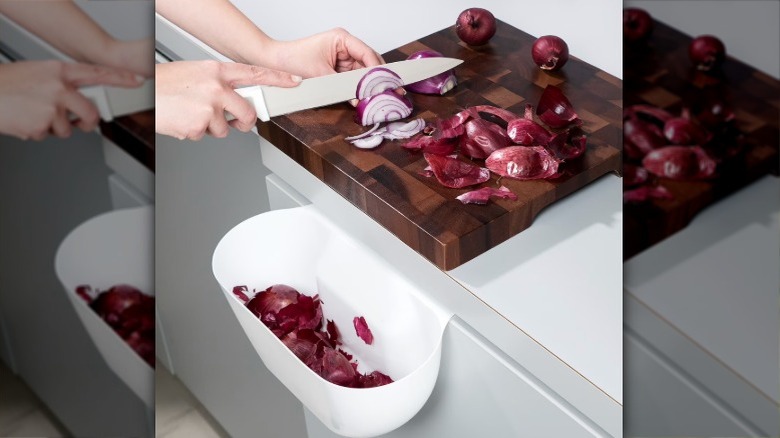 Compost bin hanging from a countertop