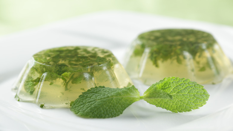 green jello-o on plate with mint leaves