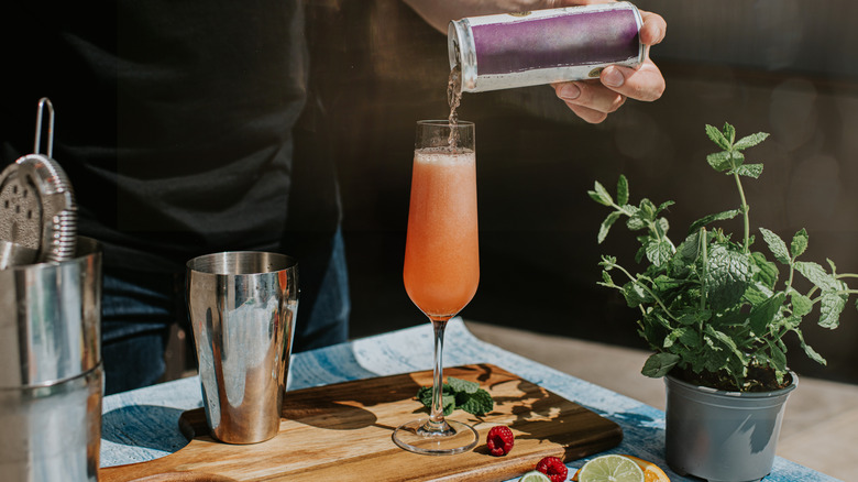 Person mixing a non-alcholic cocktail with bubbly soda and fruit