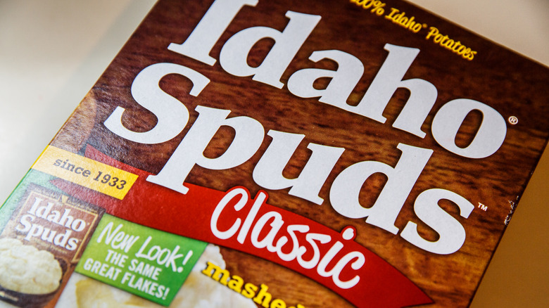 A box of Idaho Spuds classic instant mashed potatoes