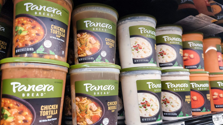Several cups of Panera soup lined up in a grocery store refridgerator