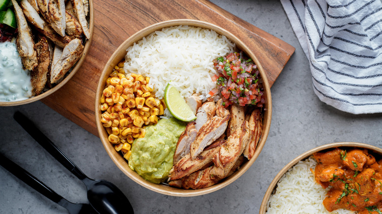 rice bowl with chicken and vegetables