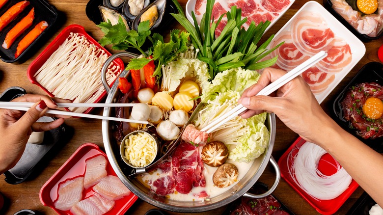 hotpot and various meats and vegetables