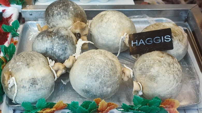 Several round haggis on display