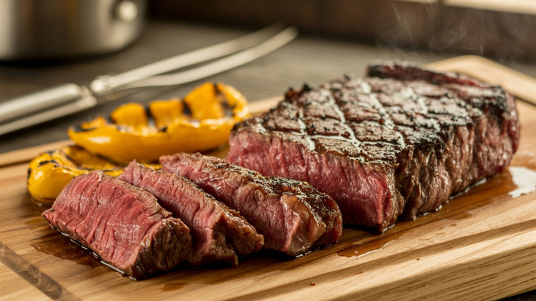 A sliced steak on a chopping board