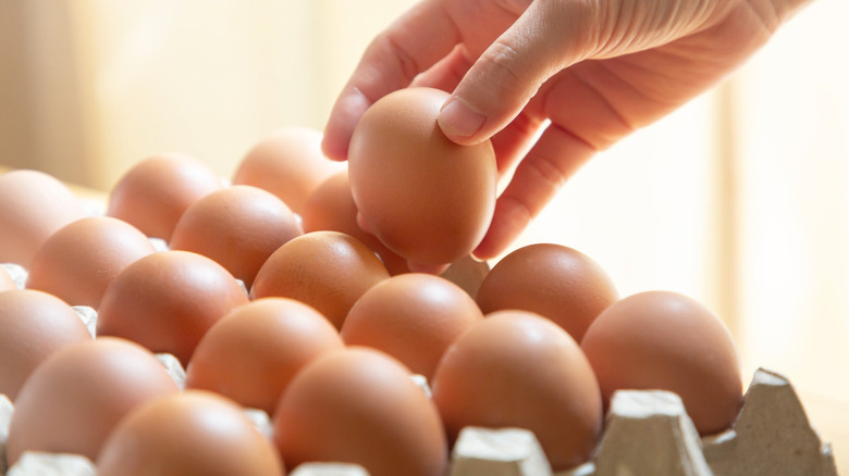 A hand picking up an egg from a carton