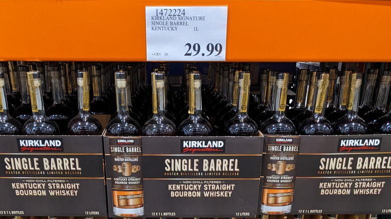 Cases of Kirkland Signature Single Barrel Bourbon on Costco shelf