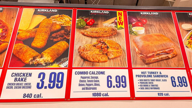 Menu board in the Costco food court featuring the Combo Calzone