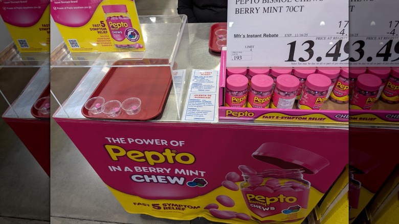 Costco free sample station for Pepto-Bismol chewable tablets