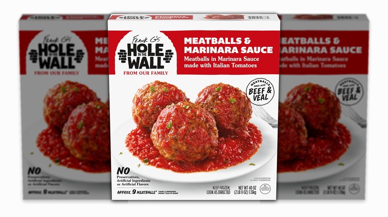 A box of Frank G's Hole in the Wall Meatballs & Marinara Sauce