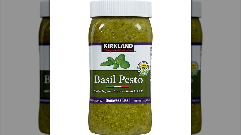 Packaging of Kirkland Signature Imported Basil Pesto on white background