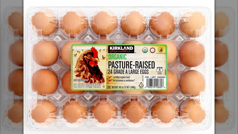 Packaging of Kirkland Signature Organic Pasture-Raised Eggs on white background