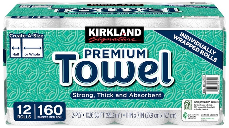 Packaging of Kirkland Signature Paper Towels on white background