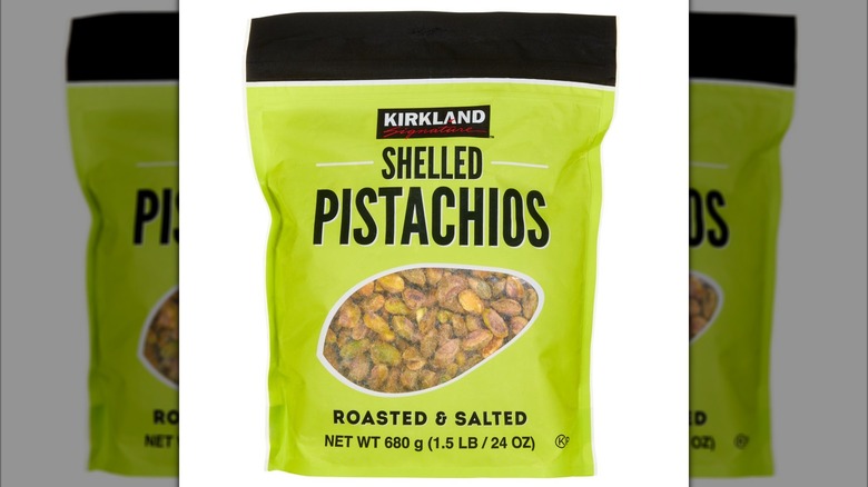 Packaging of Kirkland Signature Shelled Pistachios, Salted on white background
