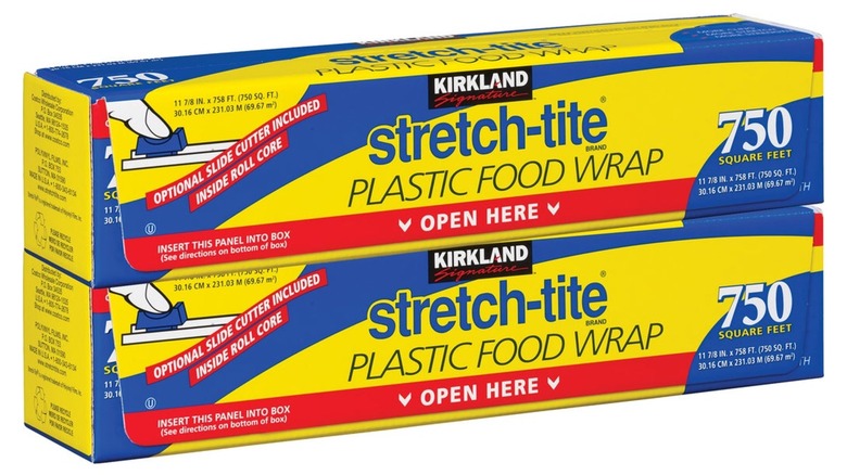 Packaging of Kirkland Signature Stretch-Tite Plastic Food Wrap on white background