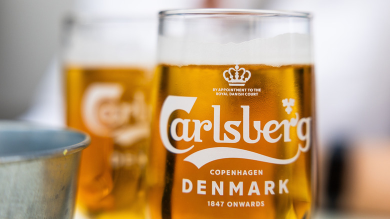 Close up of Carlsberg beer in branded glass