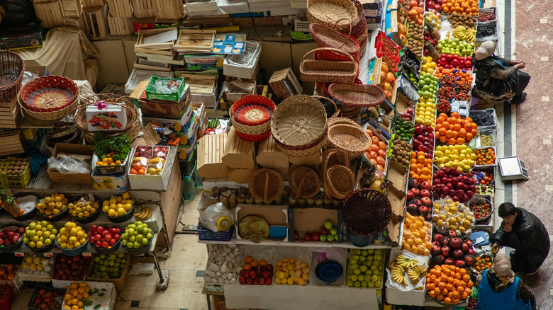 A produce market stand at a market in Dushanbe, Tajikistan