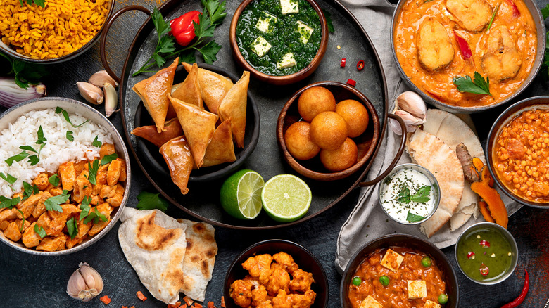overhead view of assorted Indian dishes