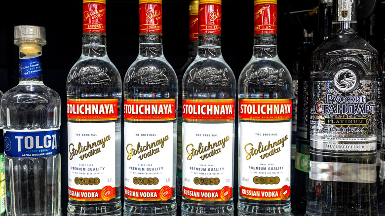 Bottles of Russian vodka on shelf