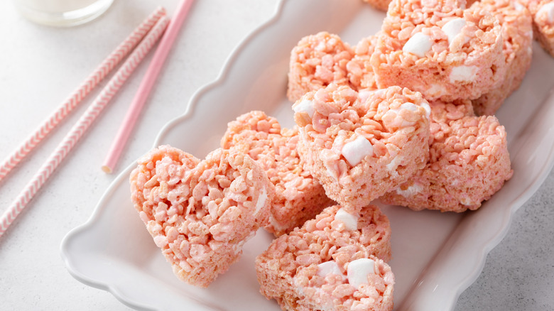 heart shaped pink rice Krispy treats with marshmallows