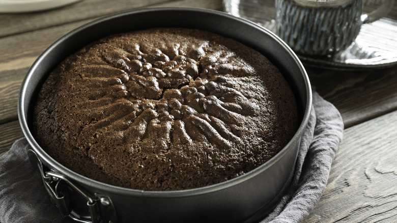 Chocolate cake in cake pan 