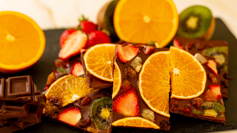 Chocolate bark with orange, strawberry, kiwi, and nuts