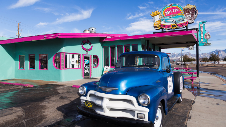 Mr. D'z pink and aqua restaurant with a classic, blue 50's style truck