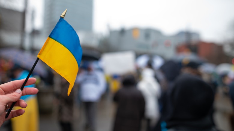 person holding Ukrainian flag