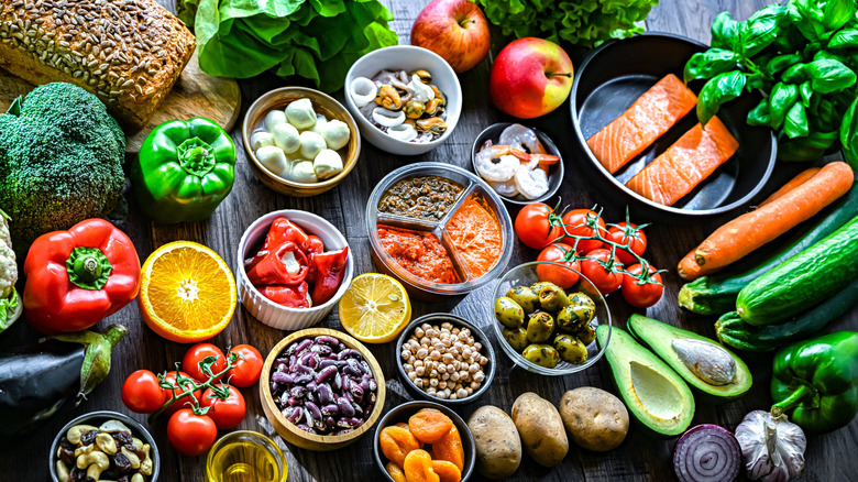 An assortment of fresh foods used in the Mediterranean diet