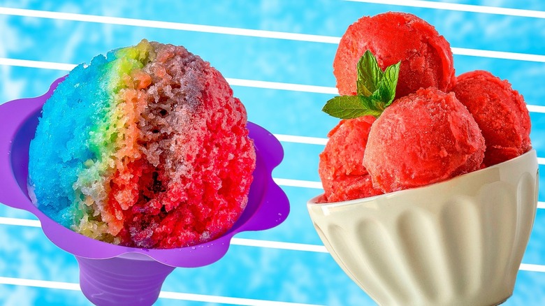 Bowl of colorful Hawaiian shaved ice next to a bowl of red Italian ice