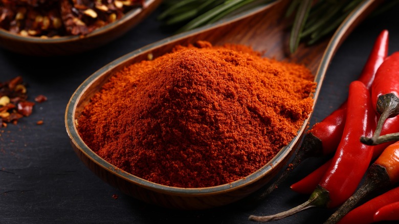 Close-up of a spoonful of paprika