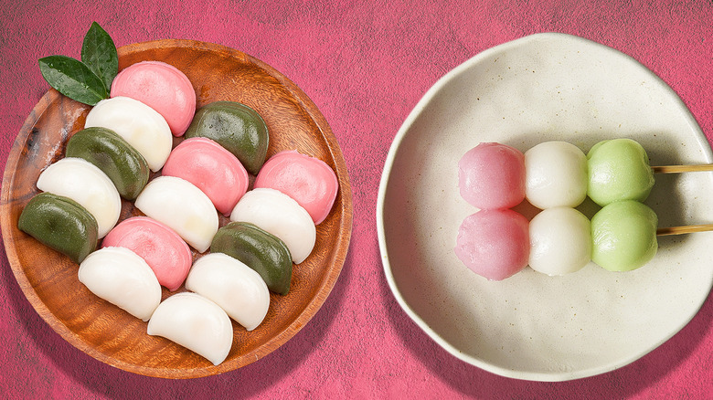 dango and mochi with pink background